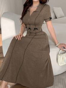 Feyla Women's Fashionable Elegant Cute Bow Zip-Up Waist Cinched Mid-Length Dress Date Night Shades Of Brown Summer - Khaki - View 5