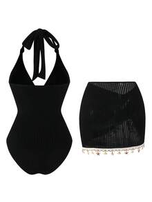 Swim Oasis 1 套女士纯色挂脖系带纹理面料罩衫及抽绳连体泳衣，夏季 - 黑色 - 查看 3
