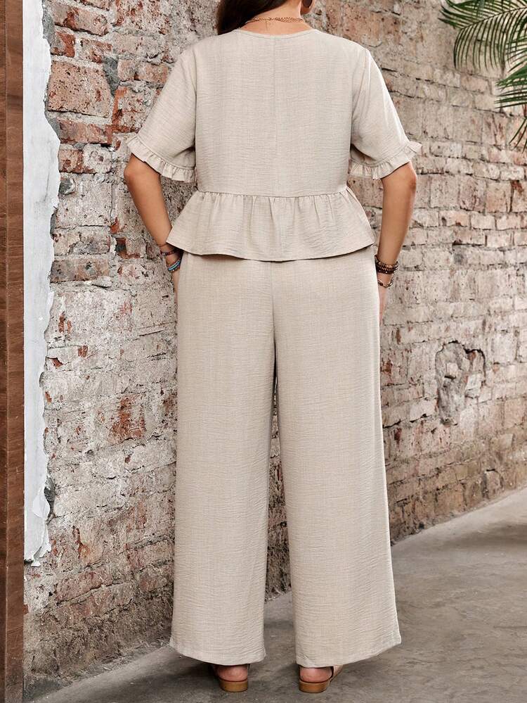 Plus Size Women Summer Casual Vacation Solid Color Short Sleeve Shirt Top And Pants 2 Piece Set