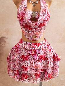 Bellisia 26SS Spring/Summer Vacation Romantic Orange Floral Matching Skirt, Cake Skirt 3 PiecesBikini Set - Multicolor - View 3