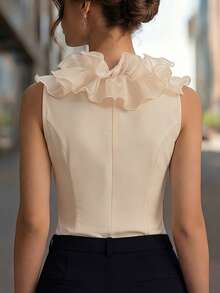 SHEIN Clasi 女款優雅V領荷葉邊細節無袖設計上衣 - 香檳色 - 查看 2