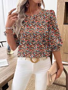 EMERY ROSE Women's Casual Commuter Printed Lantern Sleeve Shirt - Multicolor - View 3