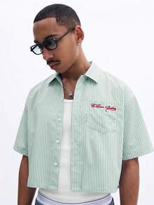 SUMWON Striped Short Sleeve Cropped Button-Up Shirt With Chest Pocket And Script Embroidery Summer Casual - Green - View 5