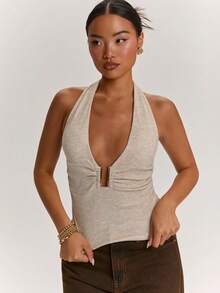 SHEIN BAE Women's White Summer Sexy Chic Club Golf Night Metal Button Backless Camisole Textured Knit Top Party Outgoing Cashmere Sweater Cute Top - Brown - View 6