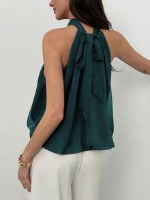 Aloruh Women's Summer Elegant Solid Color Pleated Halter Neck Top - Teal Blue - View 2