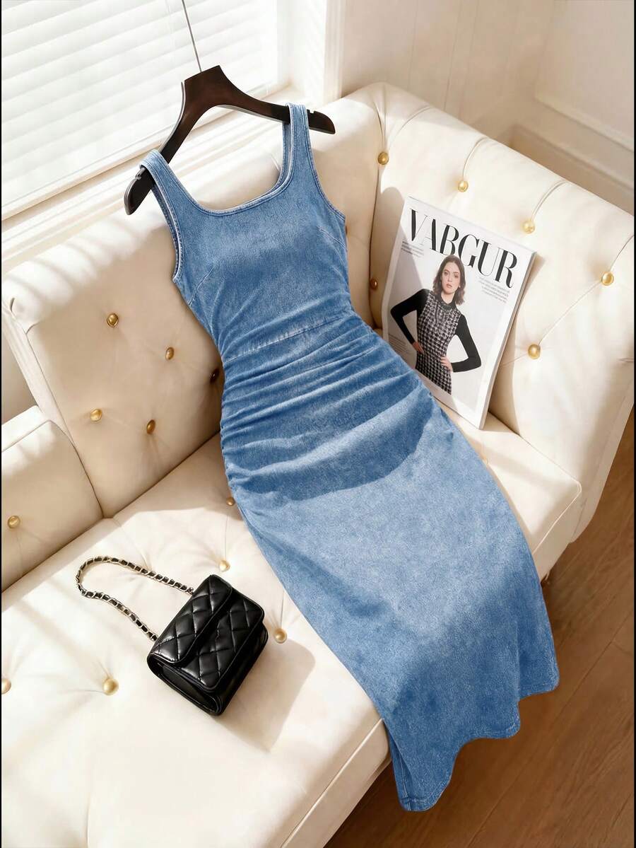 SHEIN MOD 女款夏季休閒抓皺修身無袖牛仔洋裝 - 淺色水洗藍 - 查看 1