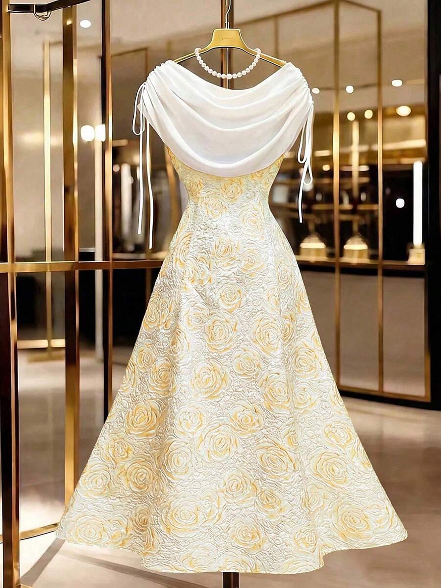 Modelyn Women's Jacquard Drawstring Shoulder Elegant Romantic Dress Wedding Formal Official White And Gold Summer - Yellow - View 1