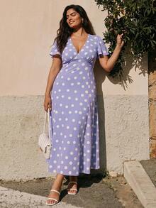 Juhart Large Polka Dot Deep V-Neck Ruffle Sleeve Vacation Dress - Mauve Purple - View 7