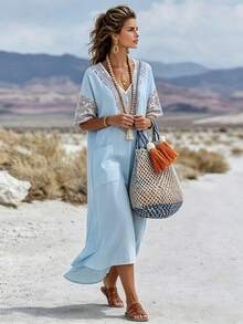 SHEIN LUNE Casual Comfortable Bohemian Style V-Neck Loose Long Dress For Women - Gray Blue - View 7