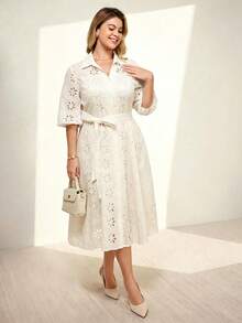 Momelise Plus Size Women's Elegant Solid Color V-Neck Hollow Embroidered Lantern Sleeve, Cardigan With Button Closure And Waist Belt Long Dress Fall - Apricot - View 4