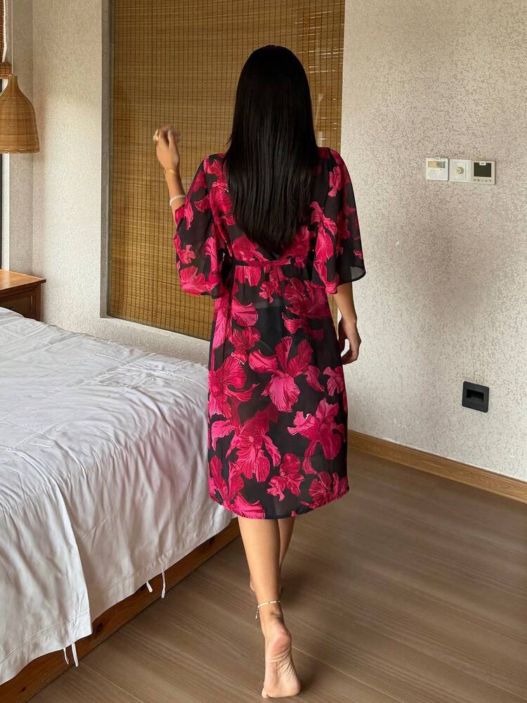 Women's Floral Pattern Ruffle Sleeve Elegant Robe