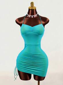 Mistrie Teal Summer Sheer Mesh Sweetheart Neck Halter Ruched Bodycon Mini Dress,2000s Techno Club Night Rave Lace-Up Back Drawstring Party For Women - Multicolor - View 7