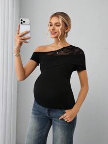 SHEIN Sexy Asymmetric Neck Lace Patchwork Fitted Maternity T-Shirt, Stretchy Slimming Undershirt Babyshower Summer Photoshoot - Black - View 1