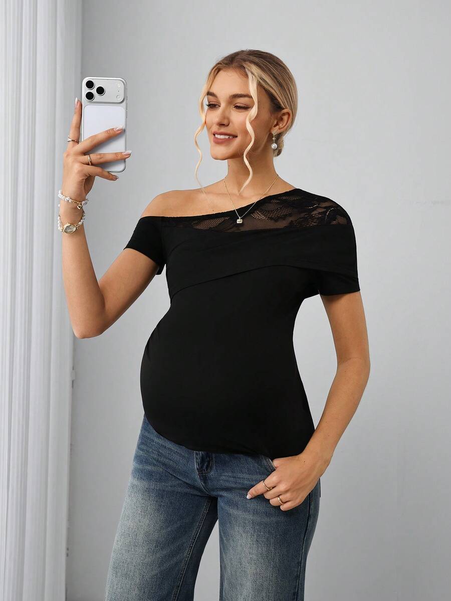 SHEIN Sexy Asymmetric Neck Lace Patchwork Fitted Maternity T-Shirt, Stretchy Slimming Undershirt Babyshower Summer Photoshoot - Black - View 1