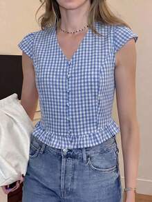 Pariaura French Style Blue V-Neck Button Ruffle Hem Women Blouse - Blue - View 6