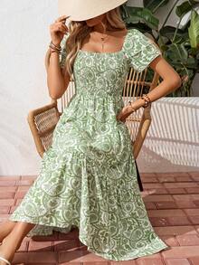 Breezaya Summer Floral Shirred Ruffle Hem Dress Maxi Vacation Beach Outfits Women - Green - View 3