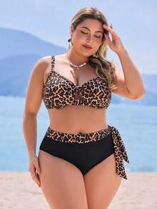 Swim Lushoire Plus Size Women 2pcs Tropical Plant Random Print Asymmetric Ruffle Trim Top And High Waist Triangle Bottoms Swimwear Set, Casual And Suitable For Daily Vacation - Multicolor - View 5