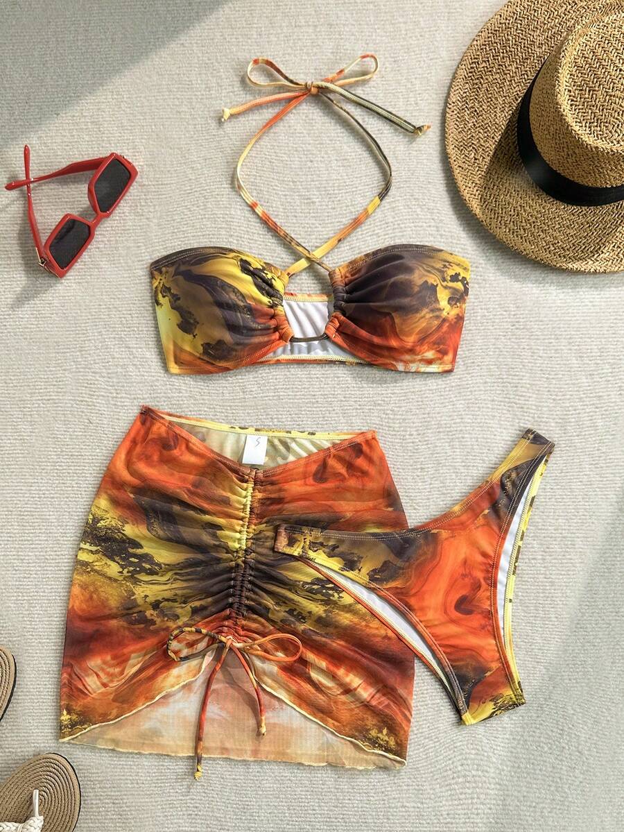 Soleia 女款夏季海灘紮染掛脖性感比基尼三角泳褲泳衣套裝附迷你裙 - 彩色 - 查看 1