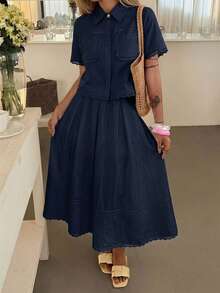 DAZY Women's Elegant Lace Patchwork Pocket Shirt And Skirt 2 Pieces Set, Spring/Summer - Navy Blue - View 2