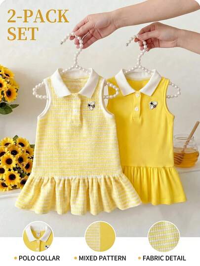 SHEIN Bộ 2 váy không tay cổ polo phối màu kẻ sọc vàng dễ thương kiểu học sinh mùa hè cho bé gái.