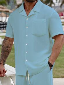 Manfinity RSRT Plus Size Men's Casual Solid Color Front Button Polo Shirt And Shorts Set, Summer - Baby Blue - View 5