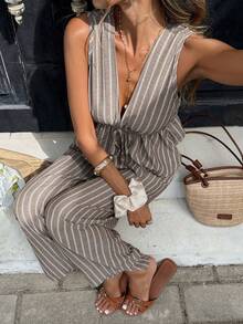 Serisse Women's Striped Deep V-Neck Top And Pants Casual 2 Pieces Set - Mocha Brown - View 7
