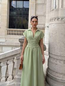 Firerie Women's Sage Green Summer Elegant French Casual Tea Party Brunch Vacation Teachers' Day Garden Party Short Sleeve Shirt Dress Waist Cinched V-Neck - Green - View 5