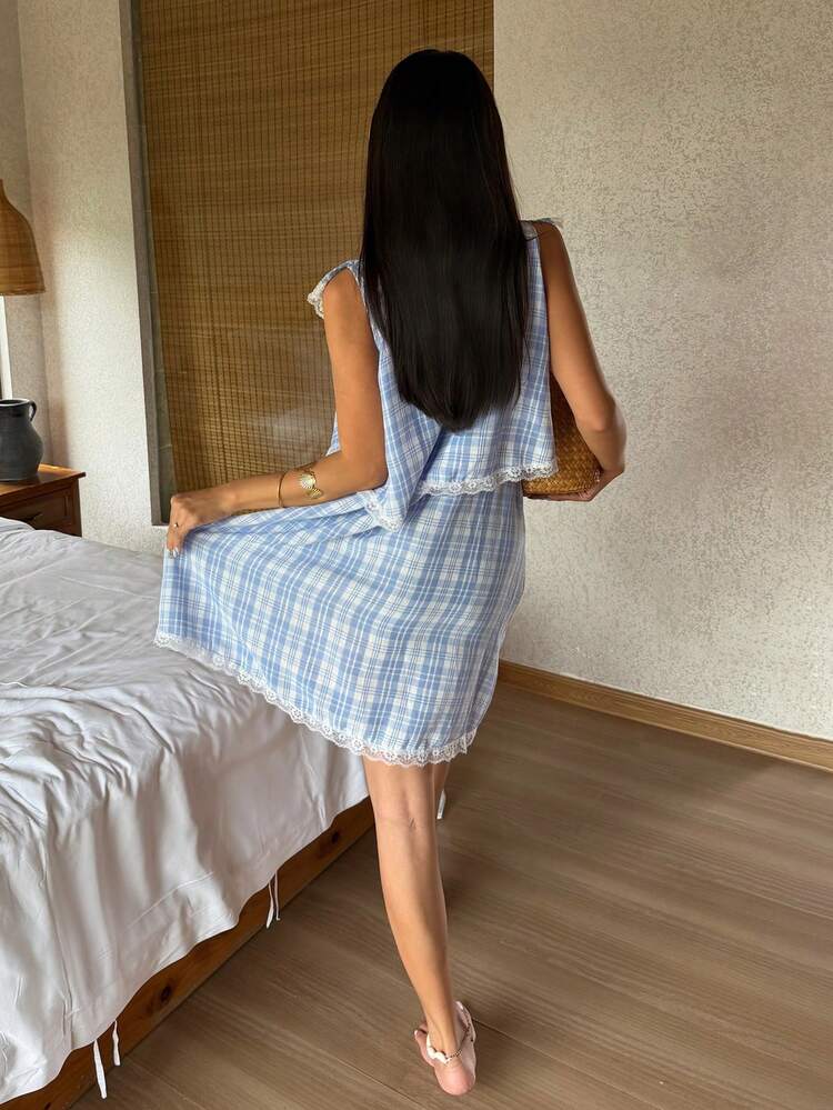 Women's Plaid Lace Trim Sleeveless Nightgown