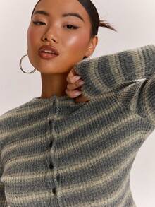 SHEIN BAE 女款條紋拼接修身休閒長袖上衣 - 軍綠色 - 查看 8