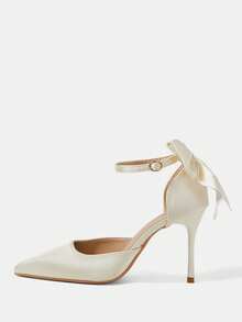 CUCCOO HITCHD Zapatos de mujer primavera y verano con decoración de lazo, punta con hebilla y tacón de aguja, estilo elegante de satén, sandalias de tacón alto para mujer para banquetes, fiestas, citas, ir al trabajo, compras, bodas, festivales y regalos - Beige 5 - Ver 2