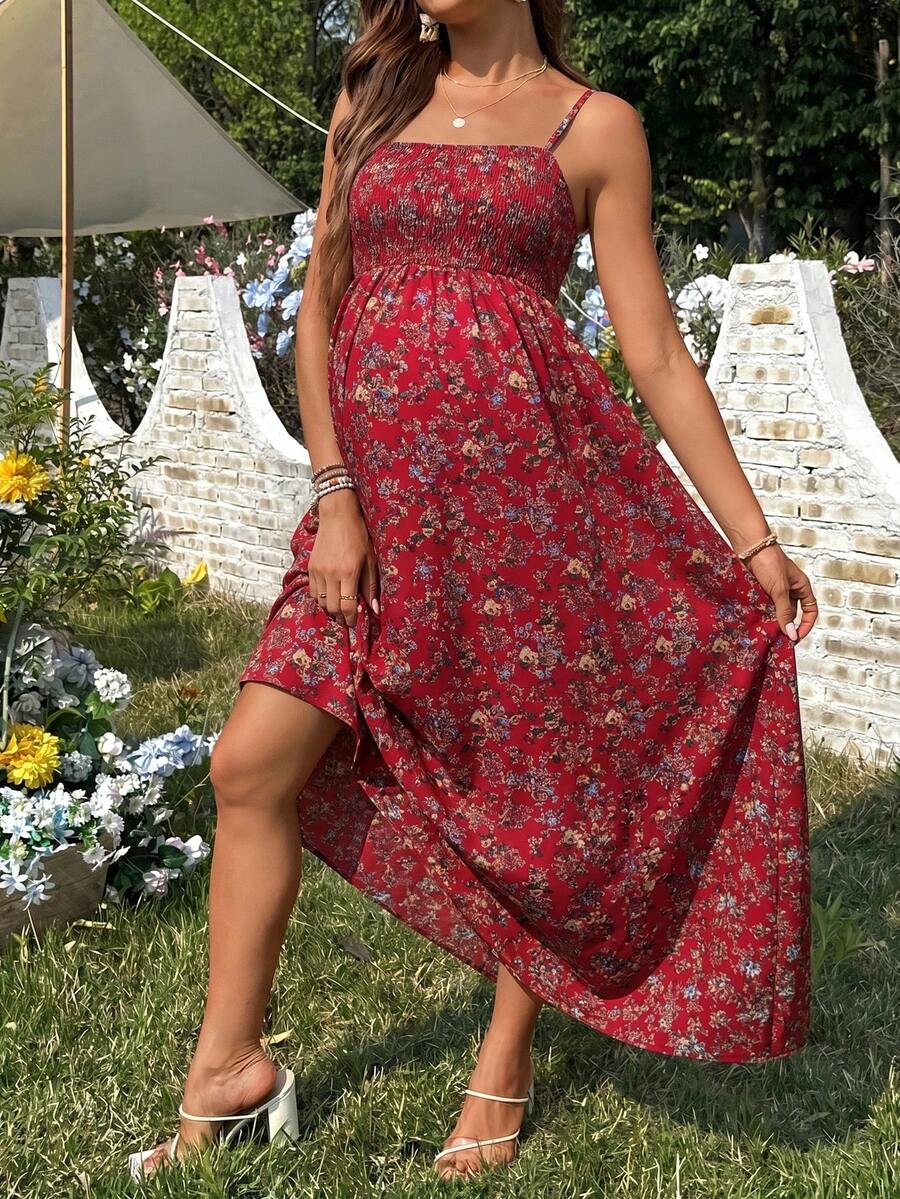 SHEIN 女士休闲碎花无袖孕妇连衣裙 - 紅色 - 查看 1