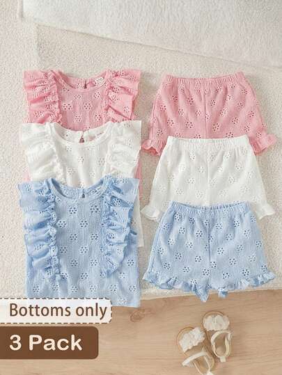 SHEIN 3pcs Baby Girl Casual Comfortable Loose Shorts Set, Soft Breathable Floral Hollow-Out Knit Fabric, Elastic Waist With Ruffle Trim, Pink & White Solid Colors, Multiple Options, High Cost-Performance, Suitable For Spring/Summer /Outing/Vacation