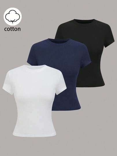 GlowEve Spring And Summer New Slim-Fit Solid Color Slimming All-Match Round Neck Business Trip Three Pieces Set T-Shirt For Women