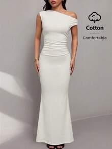 SHEIN PETITE Vestido asimétrico de hombro inclinado con cola de pez extra larga, tela de algodón cómoda, adecuado para citas diarias de verano, viajes, fiestas, ocasiones elegantes, salidas, noches de club, banquetes, mujeres de talla pequeña - Albaricoque - Ver 3