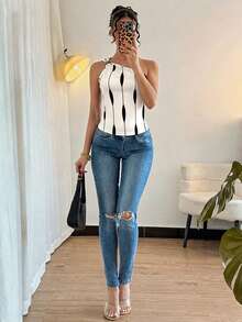 Blusa negra sexy de mujer con un hombro, sin mangas y con pliegues de metal - Multicolor 2 - Ver 5