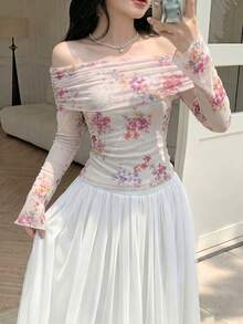 Modelyn 杏色网纱印花露肩荷叶边长袖优雅夏季度假T恤 - 杏色 - 查看 7