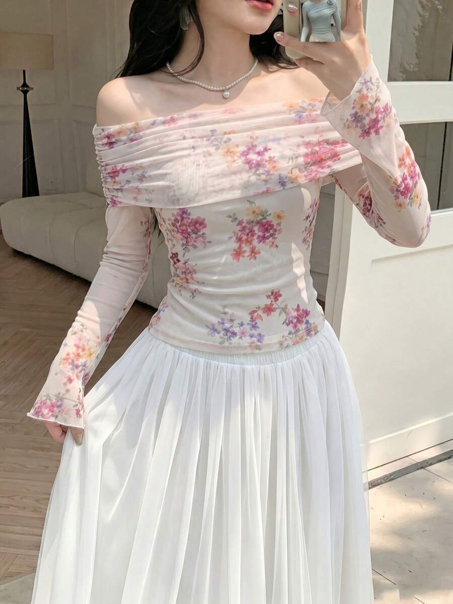 Modelyn 杏色网纱印花露肩荷叶边长袖优雅夏季度假T恤 - 杏色 - 查看 1