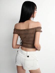 Rina Fox Blusa corta con hombros descubiertos, encaje y volantes en color caqui para mujer - Café integral - Ver 2