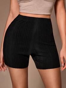 Lazeform Solid Color Minimalist Casual Brushed Ribbed Slim Fit Women Shorts, Suitable For Loungewear Or Outerwear Home Black Summer - Black - View 8