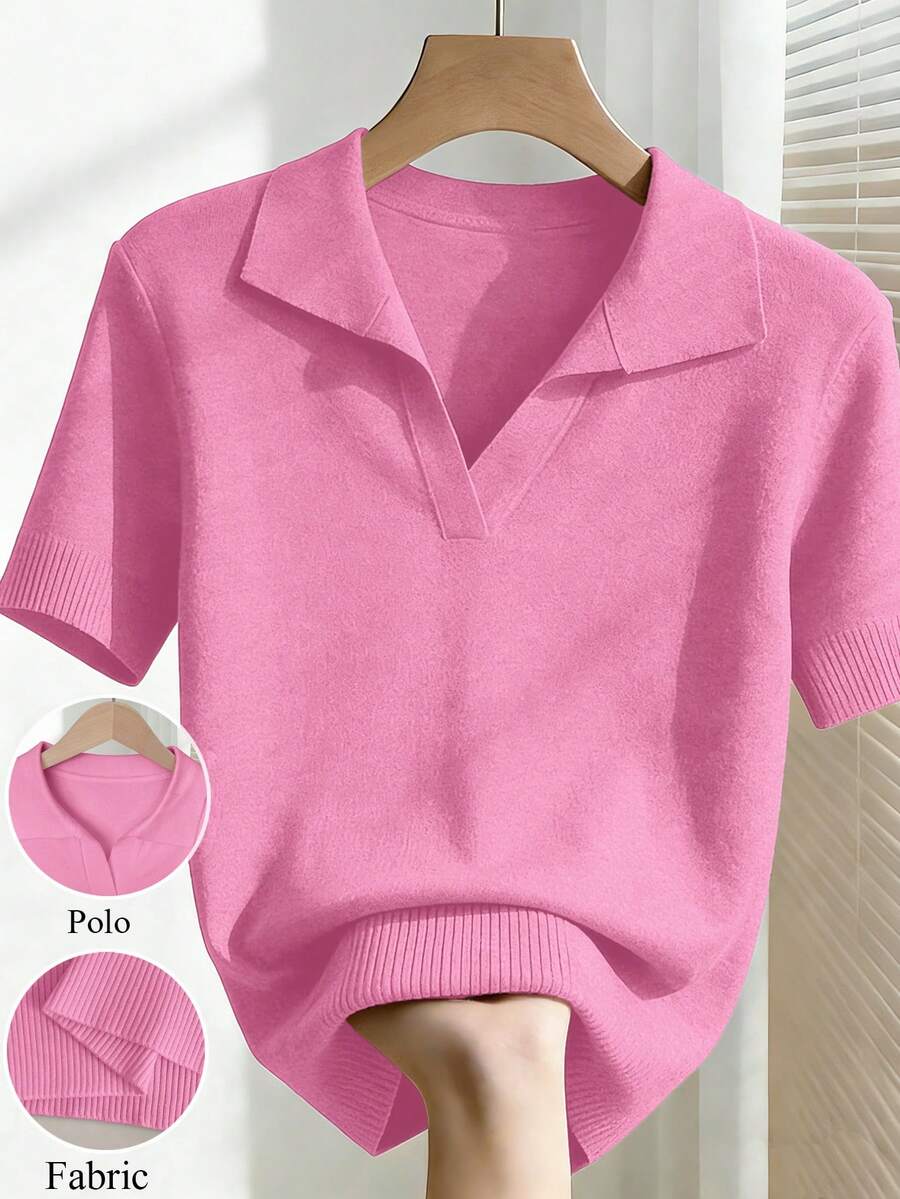 Franclia Atasan Rajut Wanita Lengan Pendek Kerah Lipat Warna Polos Sederhana, Pas Badan, Serbaguna untuk Musim Semi/Panas - Berwarna merah muda - View 1