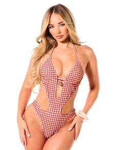BABYPHAT Gingham Cut Out Monokini Swimsuit With Deep V-Neck Halter Tie Back And Gold Hardware Detail , Fourth Of July - Red - View 1