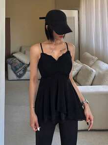 DAZY Women's Solid Color Waist Ruffle Contrast Lace Casual Vacation Summer Camisole - Black - View 4