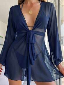 Swim Chiccia 度假海灘純色透視網紗和服式罩衫 - 藏蓝色 - 查看 1