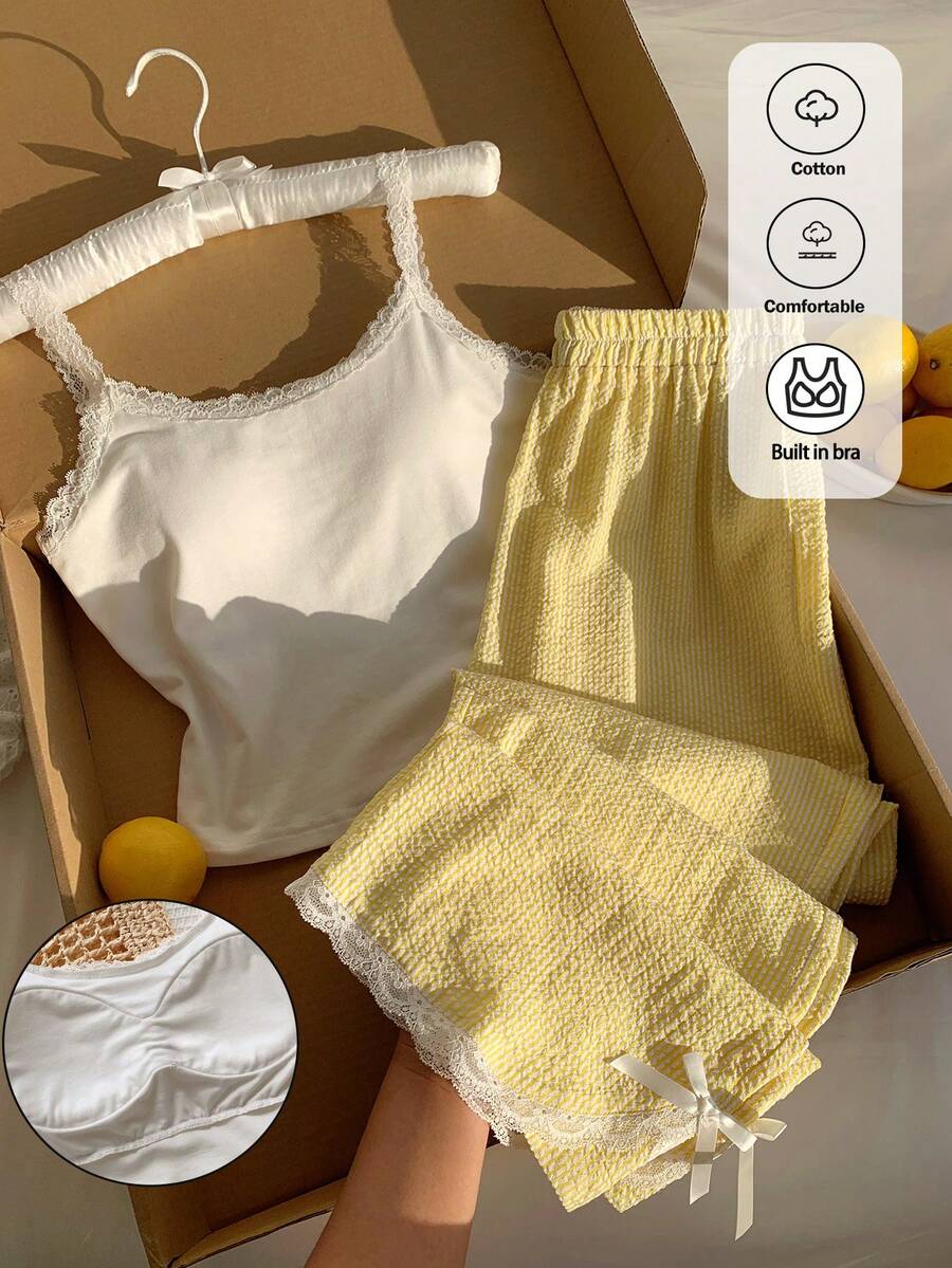 Comfortcana 女款休閒黃色蕾絲飾邊吊帶上衣與條紋長褲兩件組,返校季 - 淡黃色 - 查看 1