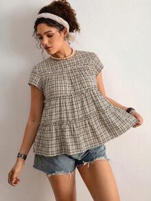 Freevana Plus Size Summer Casual Plaid Ruffle Trim Shirt - Black - View 3