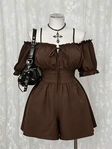 Sunspun Plus Size Summer Casual Solid Color Off-Shoulder Spaghetti Strap Romper - Brown - View 1