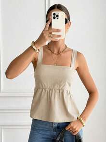 Serisse New Solid Color Backless Tie-Up Sleeveless Summer Ruffled Hem Camisole,Summer Top - Apricot - View 6