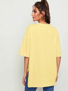 SHEIN Essnce Women's Casual Loose Fit Solid Color Drop Shoulder Short Sleeve T-Shirt - Light Yellow - View 2