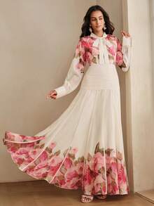 Anewsta Đầm chiffon in hoa thanh lịch mới, cổ nơ, thích hợp dự tiệc cho nữ. - Màu be - Xem 5