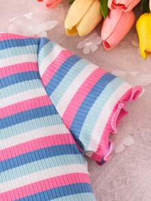 Young Girl Knitted Striped Round Neck Fitted Casual Dress - Hot Pink - View 4